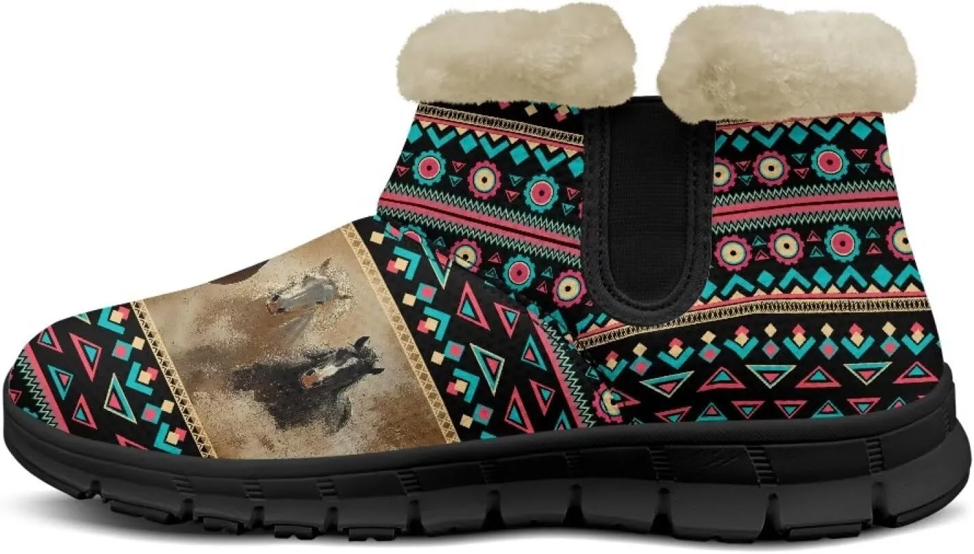 Women's Animal Print Snow Boots Winter Warm Ankle Booties Casual Anti Slip House Shoes with Fuzzy Lining