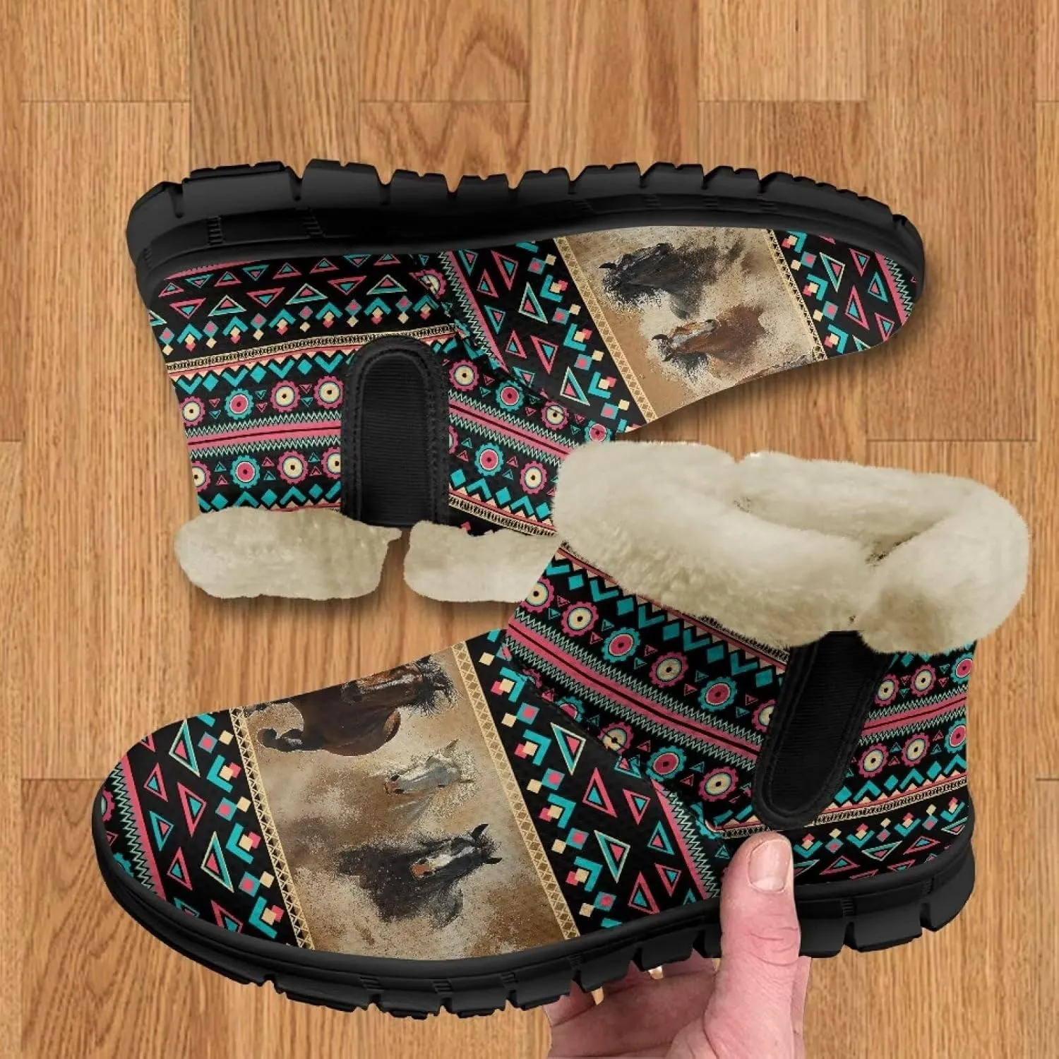 Women's Animal Print Snow Boots Winter Warm Ankle Booties Casual Anti Slip House Shoes with Fuzzy Lining