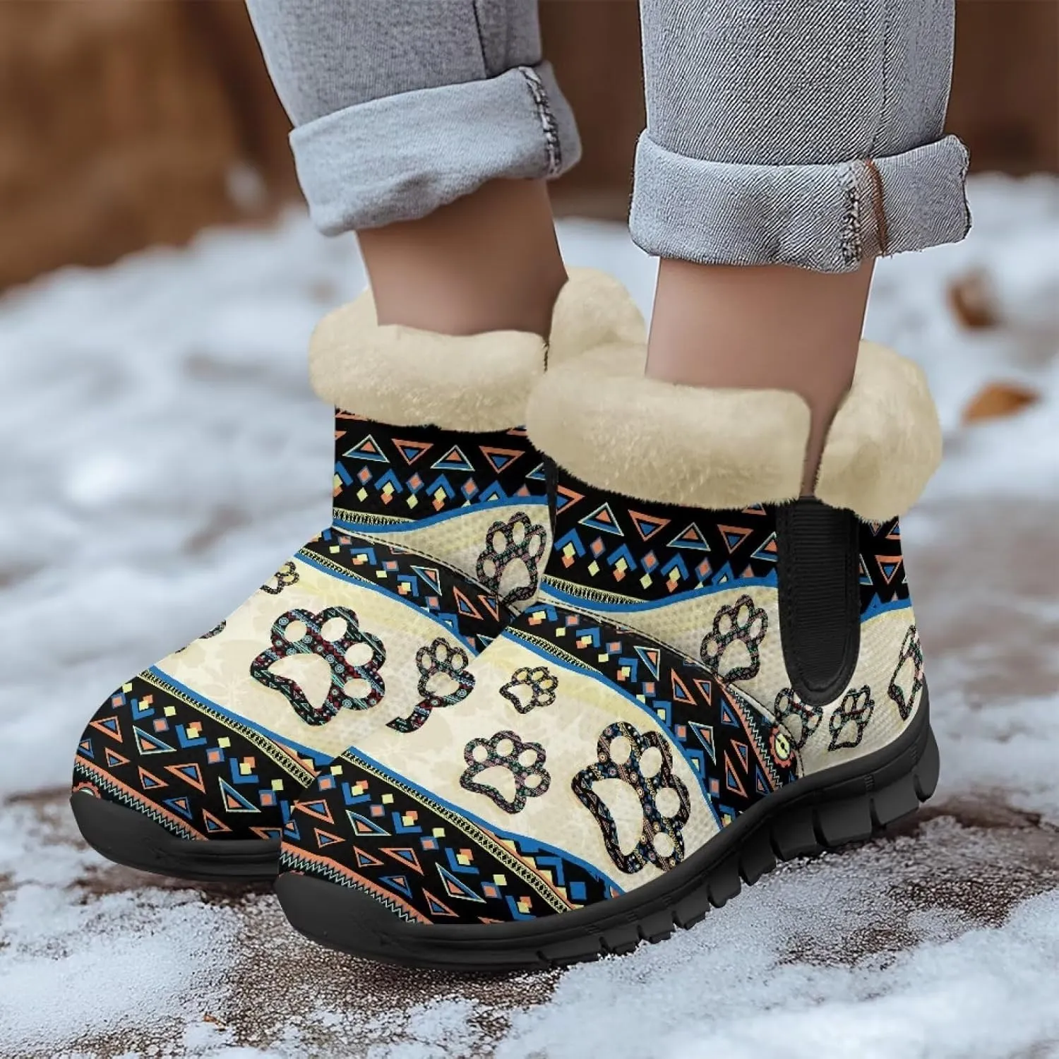 Women's Animal Print Snow Boots Winter Warm Ankle Booties Casual Anti Slip House Shoes with Fuzzy Lining