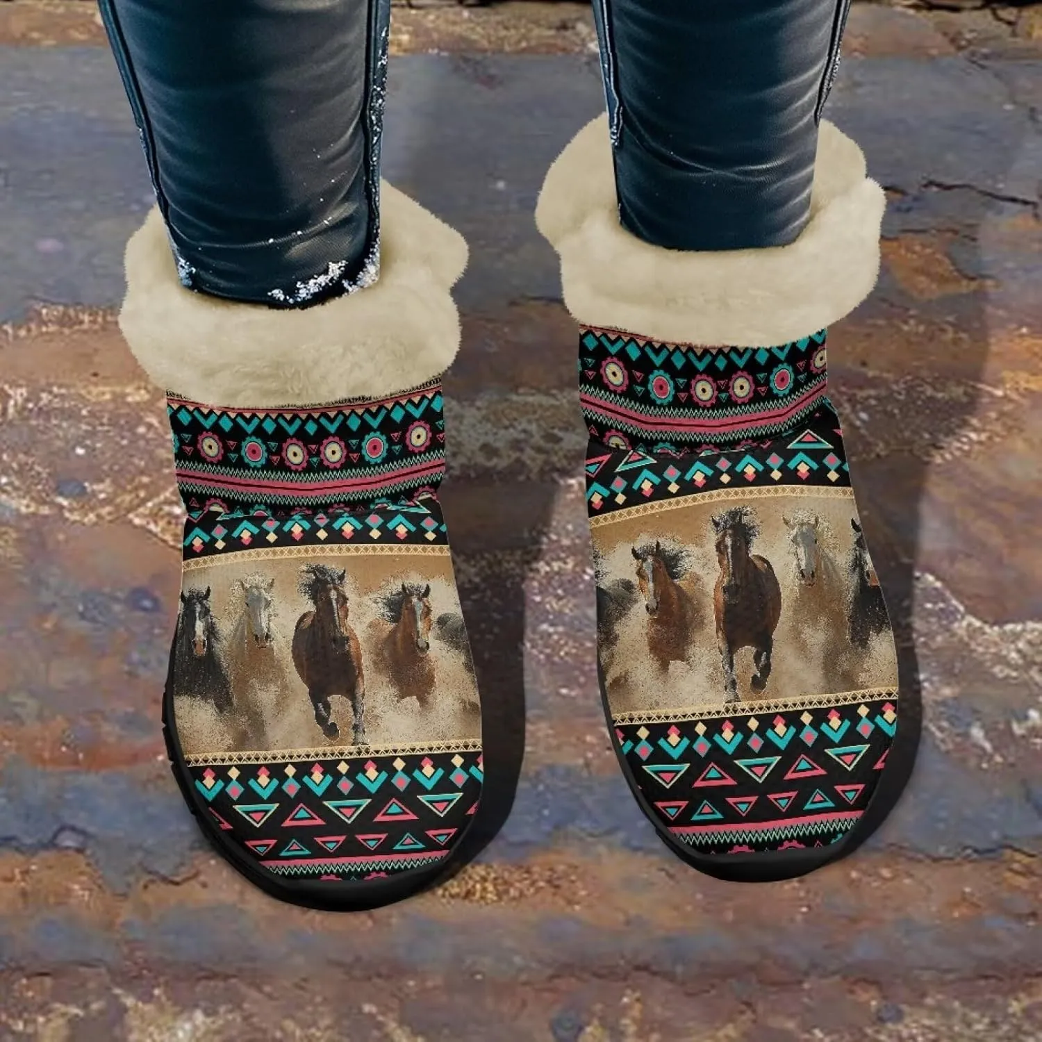 Women's Animal Print Snow Boots Winter Warm Ankle Booties Casual Anti Slip House Shoes with Fuzzy Lining