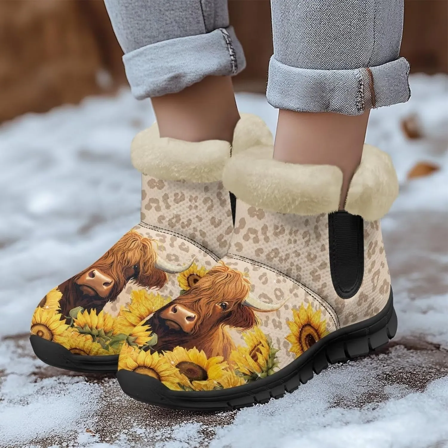Women's Ankle Boots & Booties Highland Cow Winter Warm Fuzzy Snow Boots Casual Barefoot Shoes Size 6-12