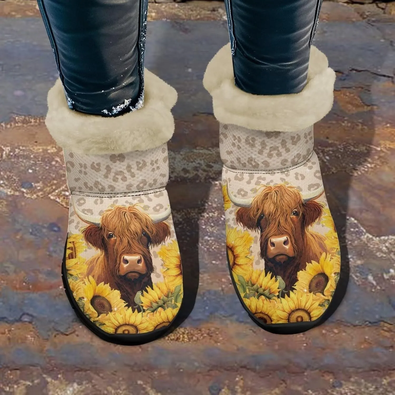 Women's Ankle Boots & Booties Highland Cow Winter Warm Fuzzy Snow Boots Casual Barefoot Shoes Size 6-12