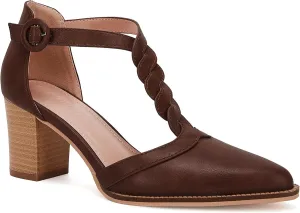 Womens Block Chunky Heels T Strap Dress Shoes Closed Toe Stacked Heeled Pumps Sandals