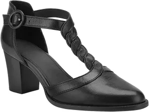 Womens Block Chunky Heels T Strap Dress Shoes Closed Toe Stacked Heeled Pumps Sandals