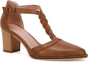 Womens Block Chunky Heels T Strap Dress Shoes Closed Toe Stacked Heeled Pumps Sandals