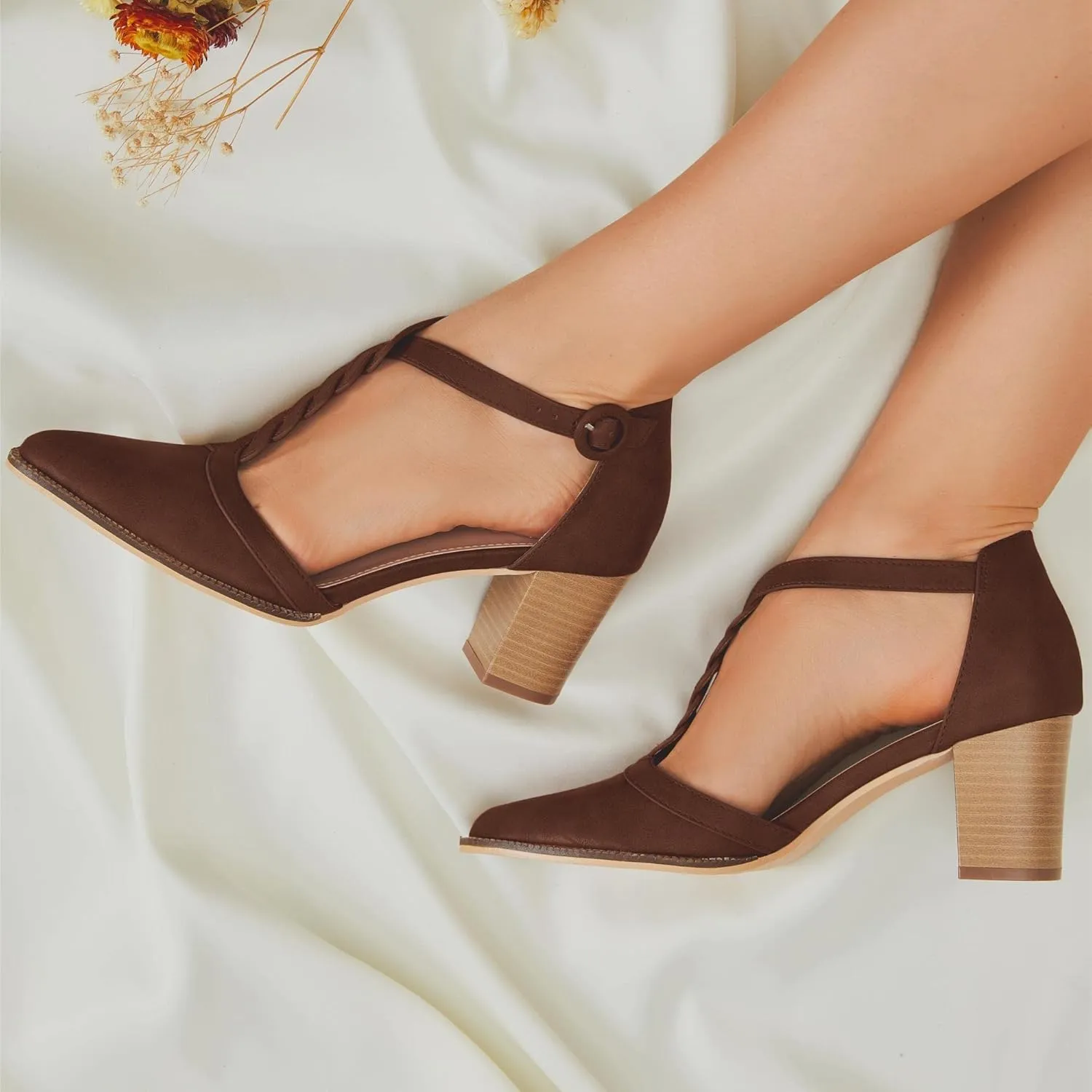 Womens Block Chunky Heels T Strap Dress Shoes Closed Toe Stacked Heeled Pumps Sandals