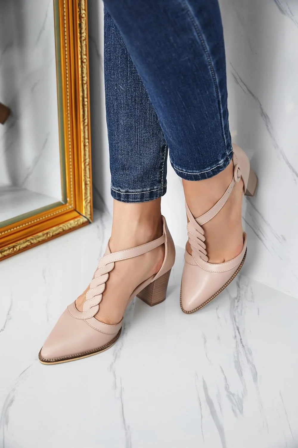 Womens Block Chunky Heels T Strap Dress Shoes Closed Toe Stacked Heeled Pumps Sandals
