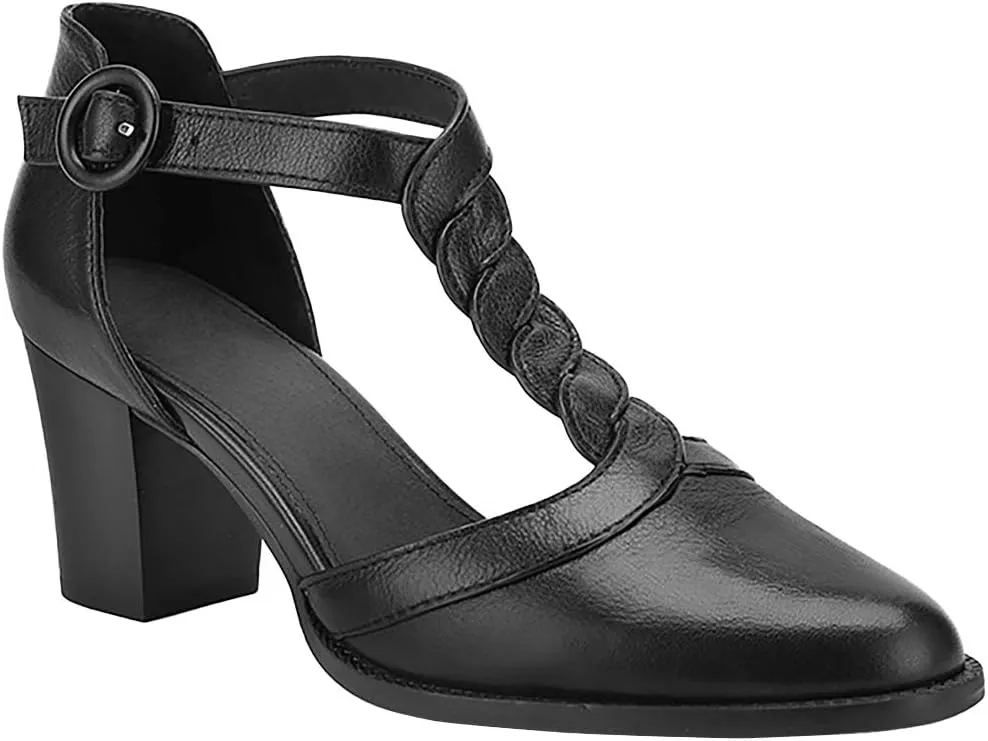 Womens Block Chunky Heels T Strap Dress Shoes Closed Toe Stacked Heeled Pumps Sandals