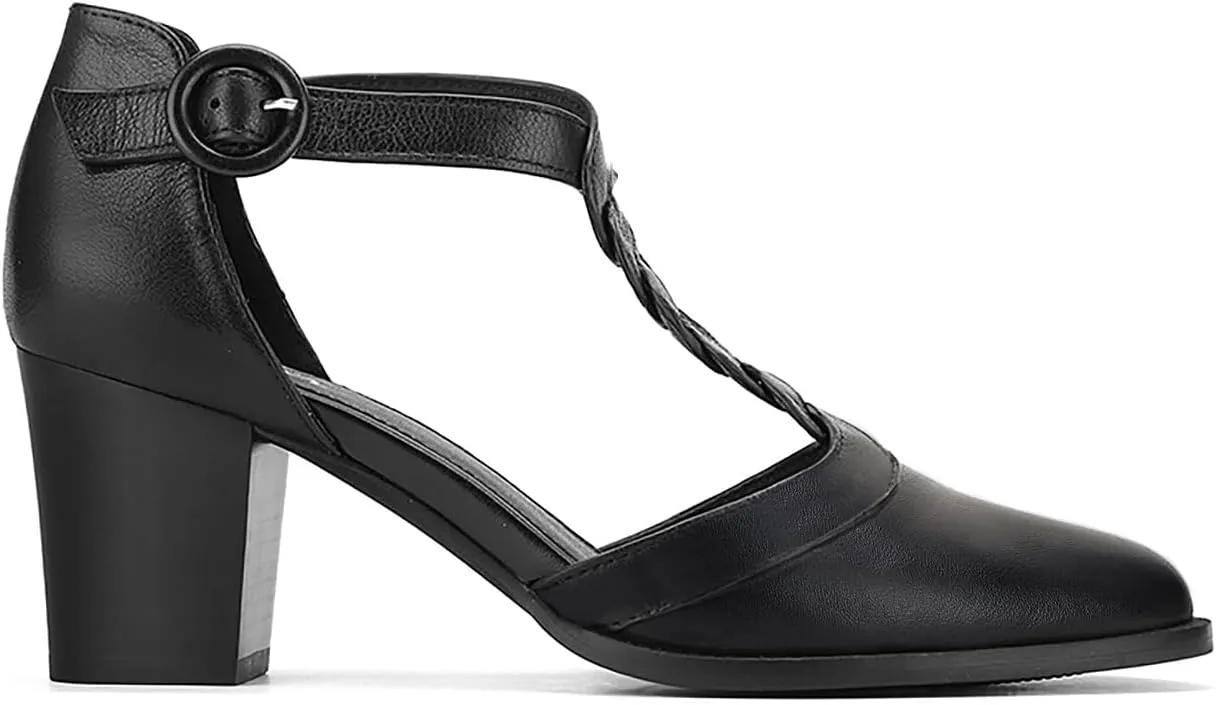 Womens Block Chunky Heels T Strap Dress Shoes Closed Toe Stacked Heeled Pumps Sandals