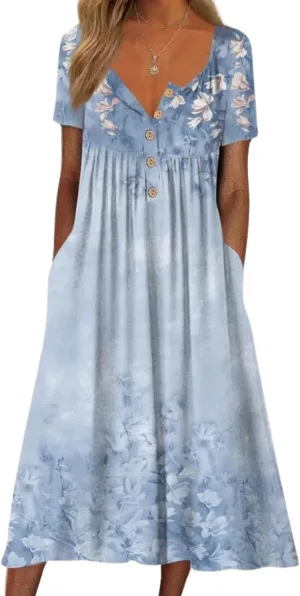 Women's Bohemian Casual Maxi Dress Summer Basic Loose Fit V-Neck Short Sleeve Long Dresses for Beach Vacation