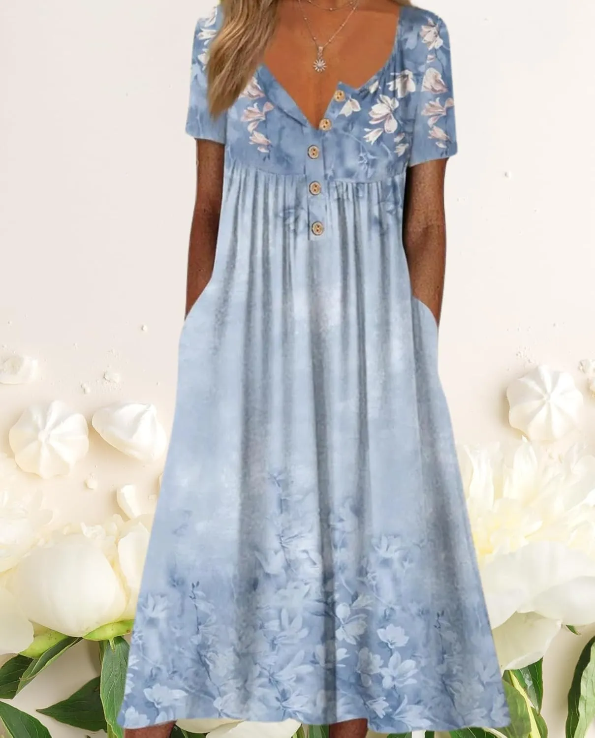 Women's Bohemian Casual Maxi Dress Summer Basic Loose Fit V-Neck Short Sleeve Long Dresses for Beach Vacation
