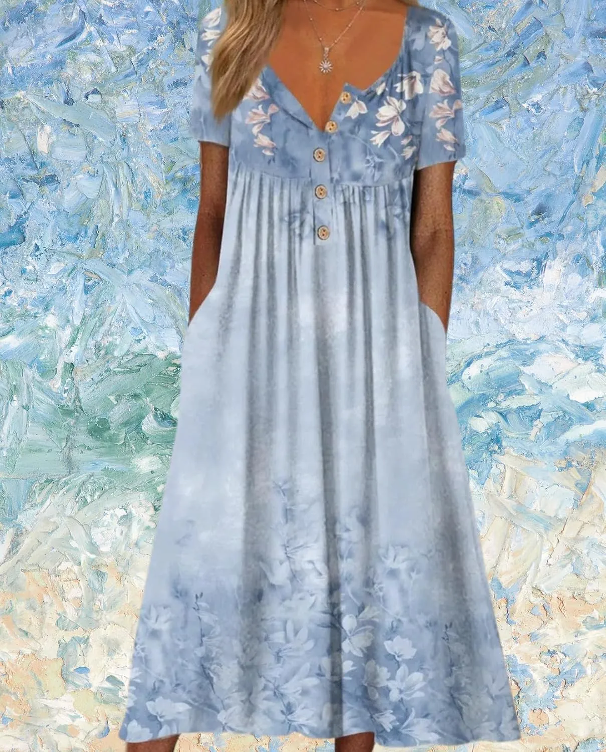 Women's Bohemian Casual Maxi Dress Summer Basic Loose Fit V-Neck Short Sleeve Long Dresses for Beach Vacation