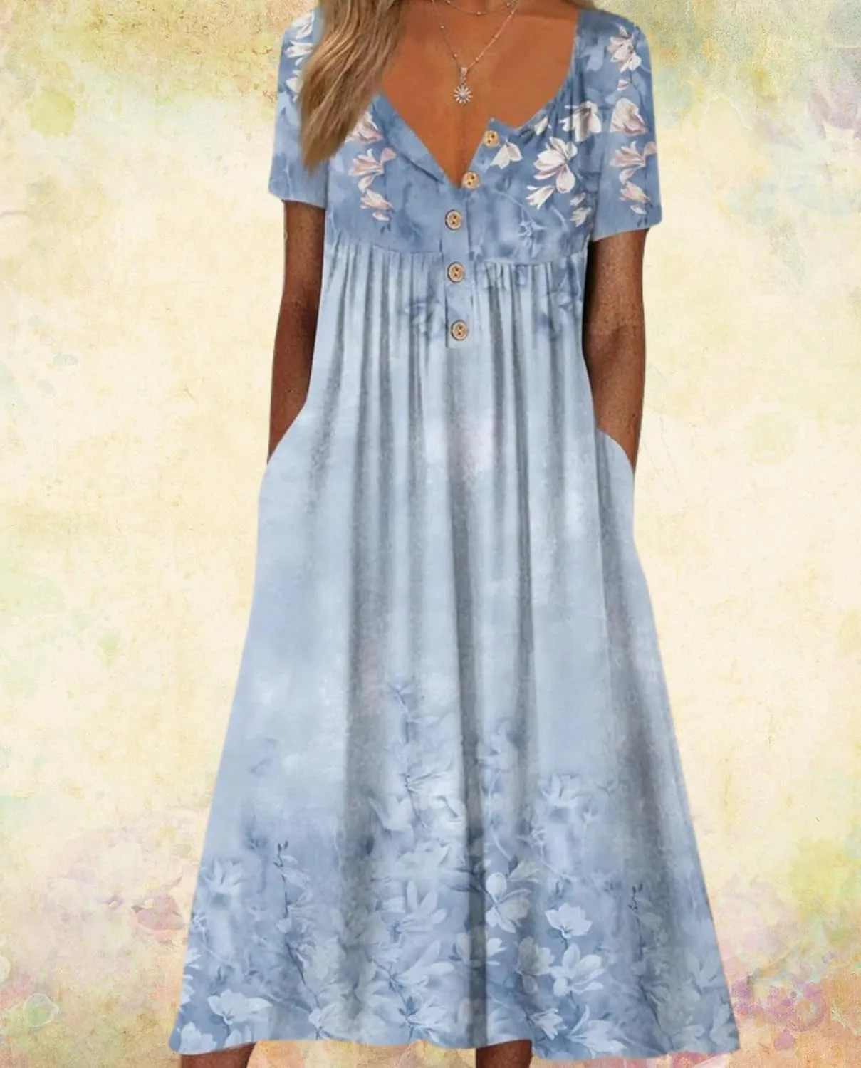 Women's Bohemian Casual Maxi Dress Summer Basic Loose Fit V-Neck Short Sleeve Long Dresses for Beach Vacation