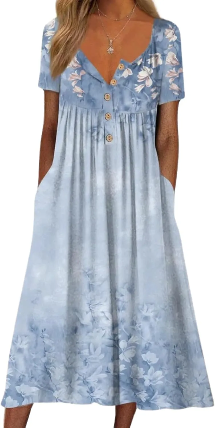 Women's Bohemian Casual Maxi Dress Summer Basic Loose Fit V-Neck Short Sleeve Long Dresses for Beach Vacation
