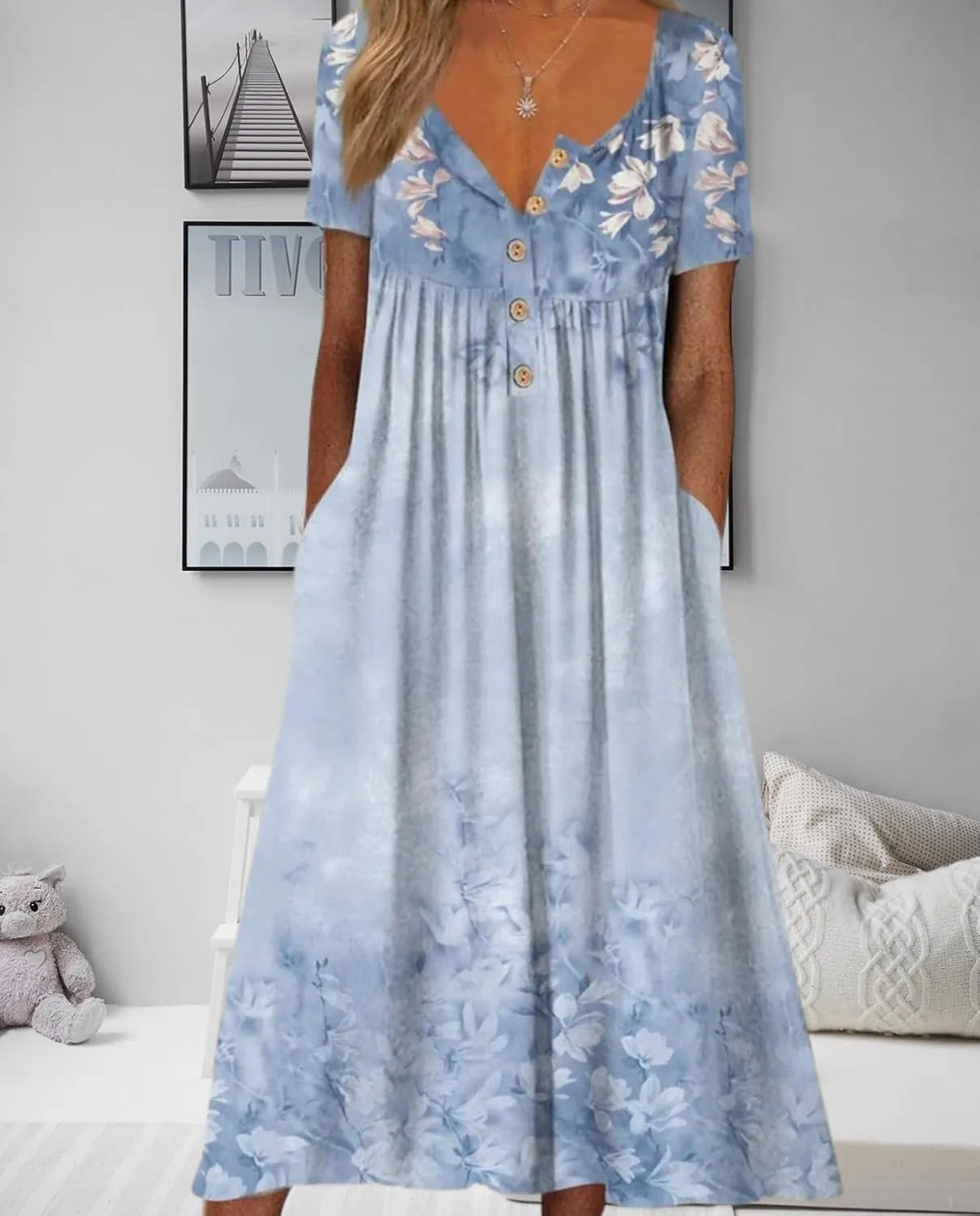 Women's Bohemian Casual Maxi Dress Summer Basic Loose Fit V-Neck Short Sleeve Long Dresses for Beach Vacation