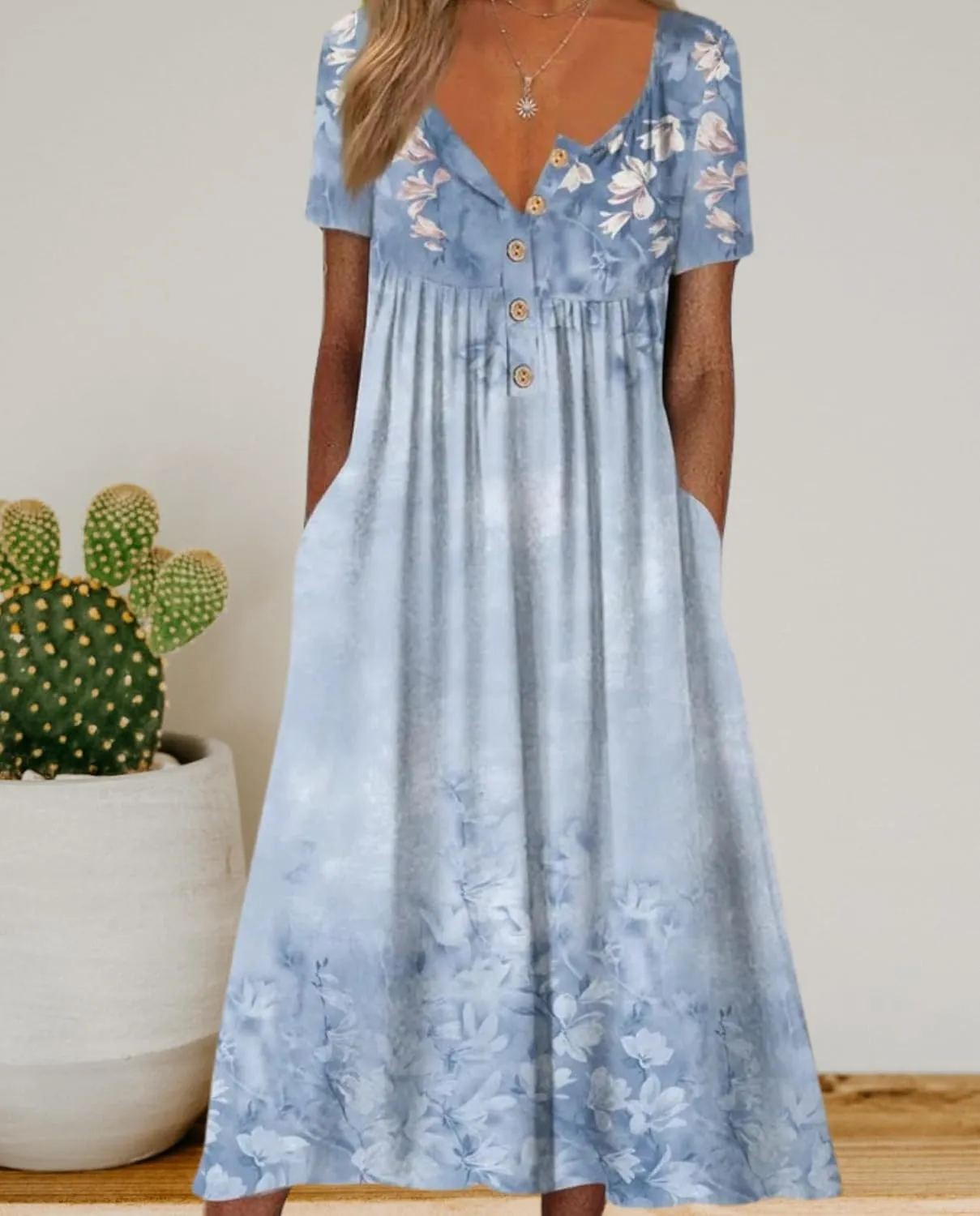 Women's Bohemian Casual Maxi Dress Summer Basic Loose Fit V-Neck Short Sleeve Long Dresses for Beach Vacation