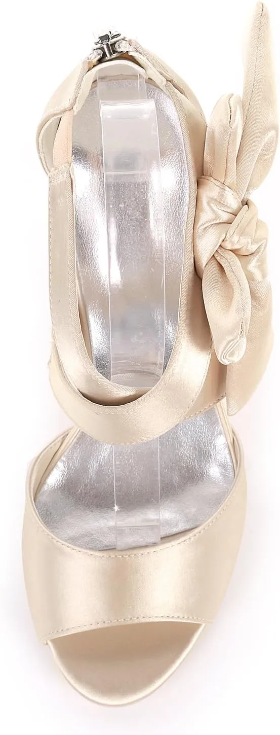Womens Bow High Heels Peep Toe Wedding Shoes For Bride Party Dress Sandals Work Party 8.5CM Zip