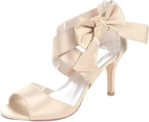 Womens Bow High Heels Peep Toe Wedding Shoes For Bride Party Dress Sandals Work Party 8.5CM Zip