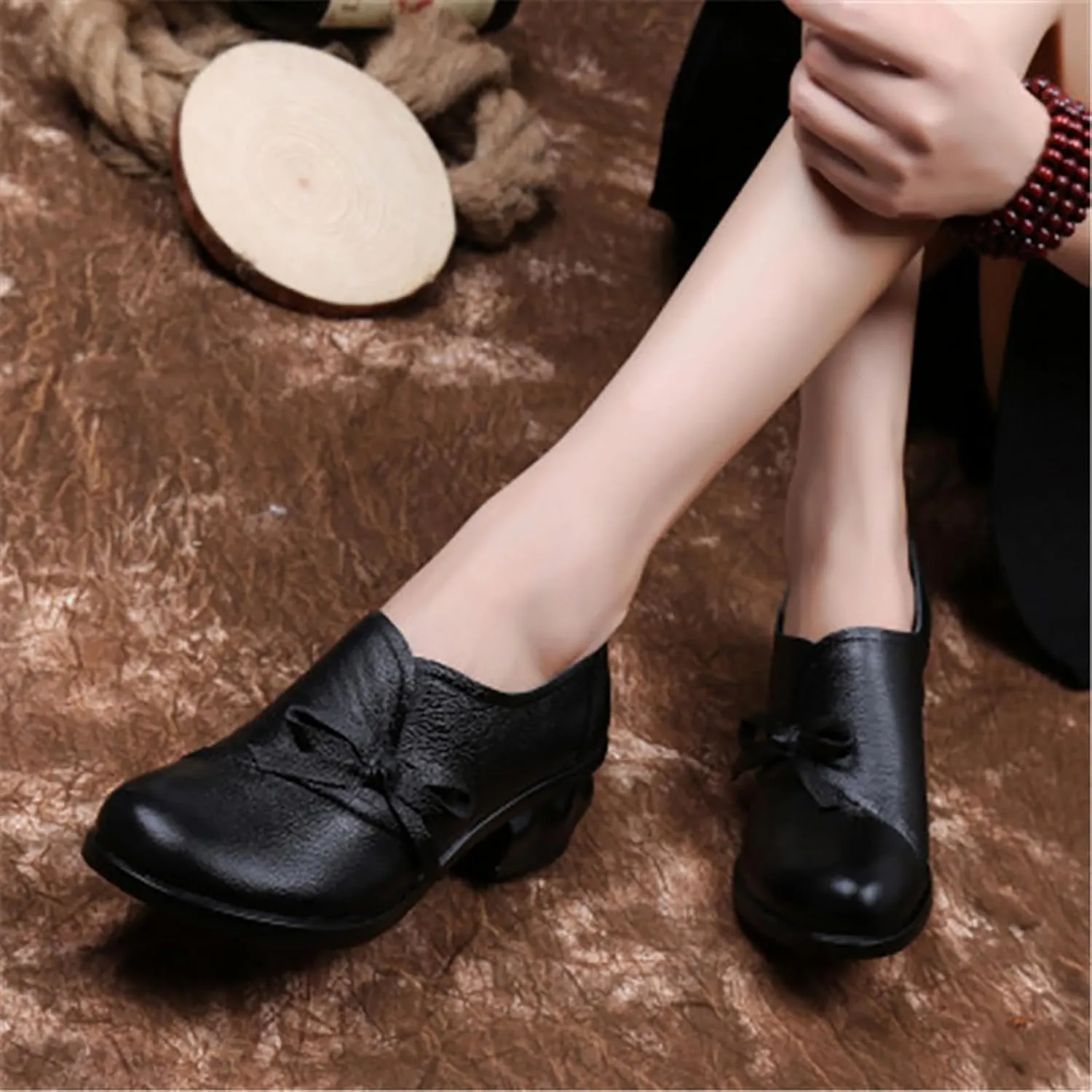 Women's Bow Tie Chunky Heel Leather Pumps,Comfortable SOFE Round Toe Slip-On Loafers Classic Mid Heel Casual Lightweight Walkin Work Office Dress Shoes