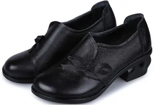 Women's Bow Tie Chunky Heel Leather Pumps,Comfortable SOFE Round Toe Slip-On Loafers Classic Mid Heel Casual Lightweight Walkin Work Office Dress Shoes