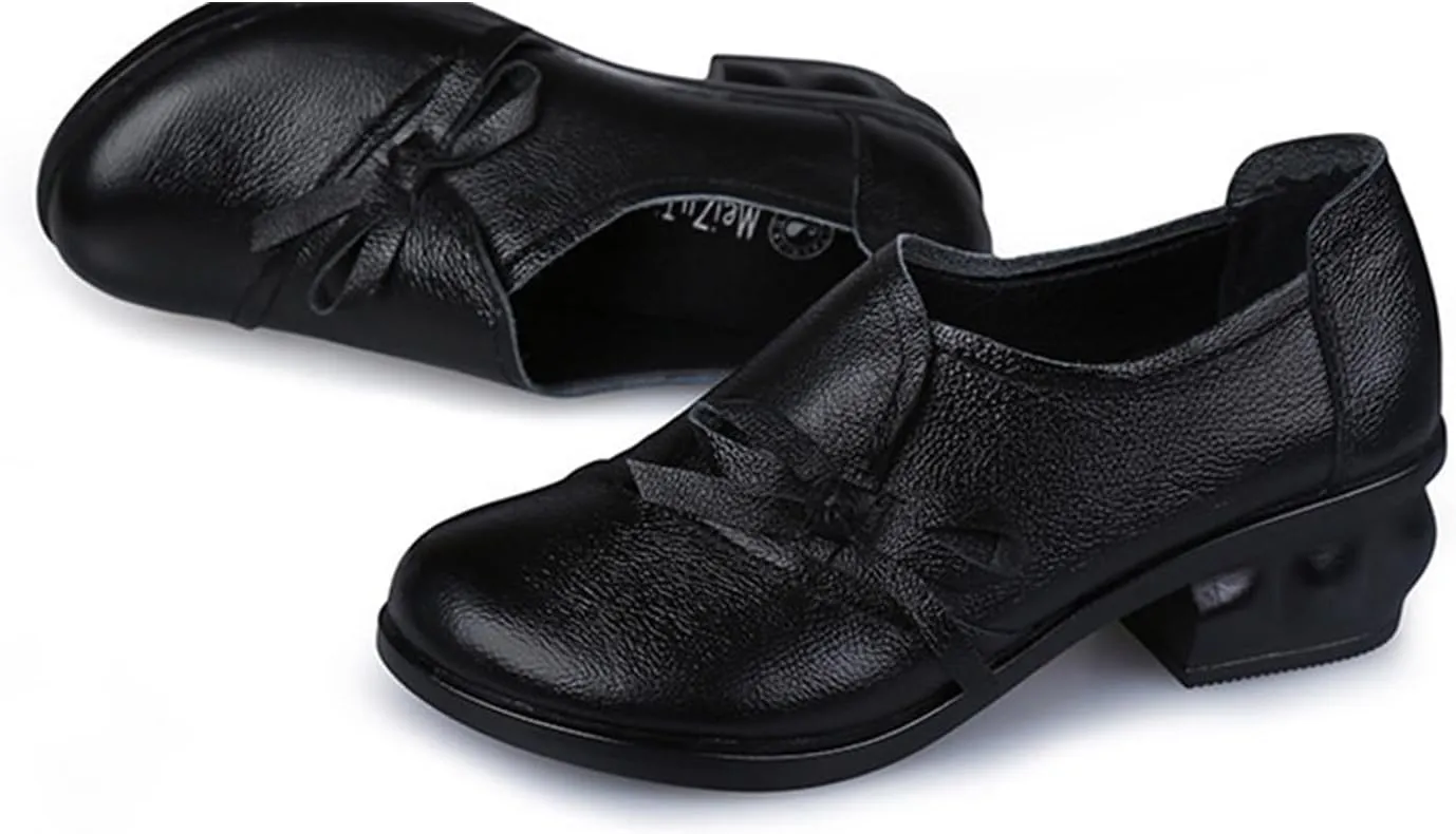 Women's Bow Tie Chunky Heel Leather Pumps,Comfortable SOFE Round Toe Slip-On Loafers Classic Mid Heel Casual Lightweight Walkin Work Office Dress Shoes