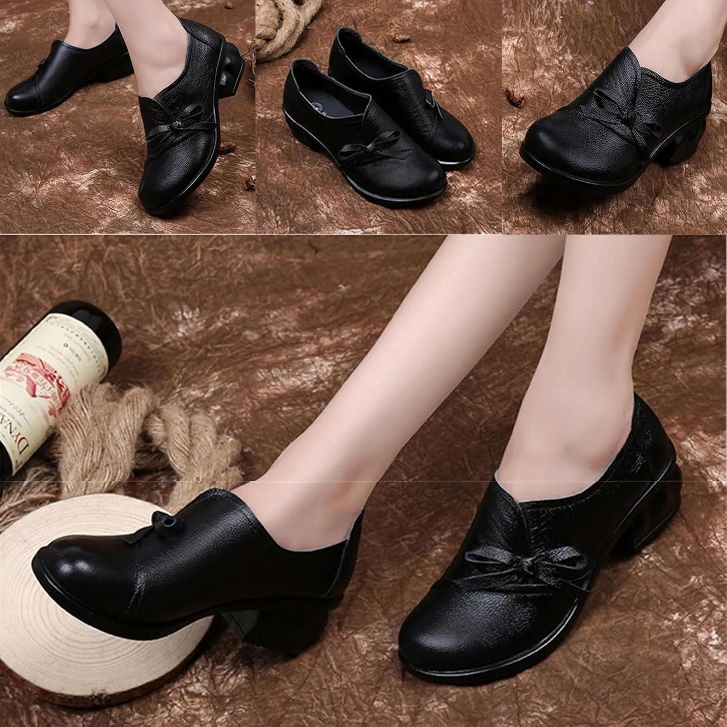 Women's Bow Tie Chunky Heel Leather Pumps,Comfortable SOFE Round Toe Slip-On Loafers Classic Mid Heel Casual Lightweight Walkin Work Office Dress Shoes