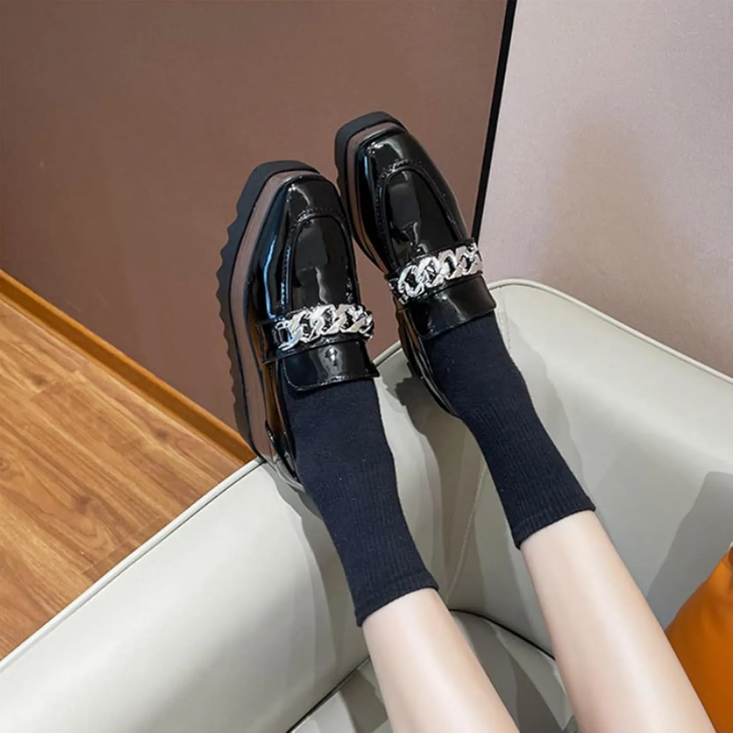 Womens British Style Oxford Shoes Chunky Heels Slip On Platform Cute Dress Wedge Loafers Shoes Casual Flat Sneakers