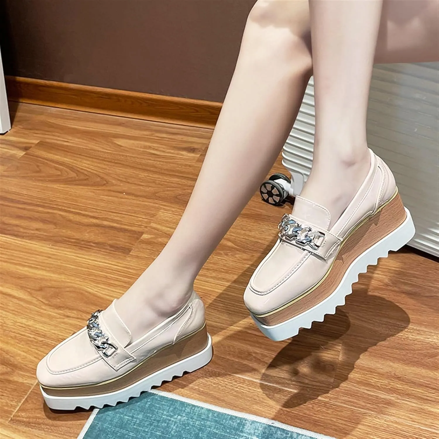 Womens British Style Oxford Shoes Chunky Heels Slip On Platform Cute Dress Wedge Loafers Shoes Casual Flat Sneakers