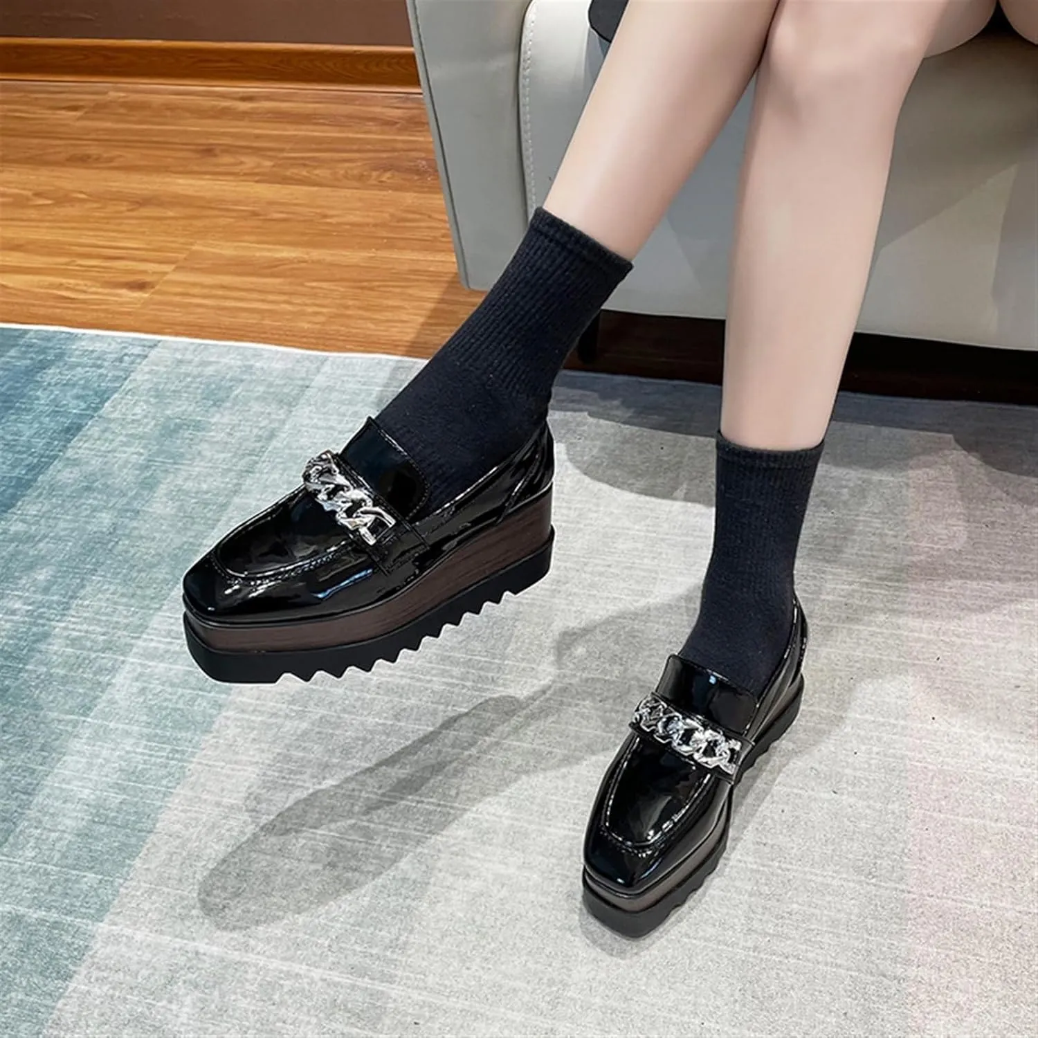 Womens British Style Oxford Shoes Chunky Heels Slip On Platform Cute Dress Wedge Loafers Shoes Casual Flat Sneakers