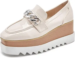 Womens British Style Oxford Shoes Chunky Heels Slip On Platform Cute Dress Wedge Loafers Shoes Casual Flat Sneakers