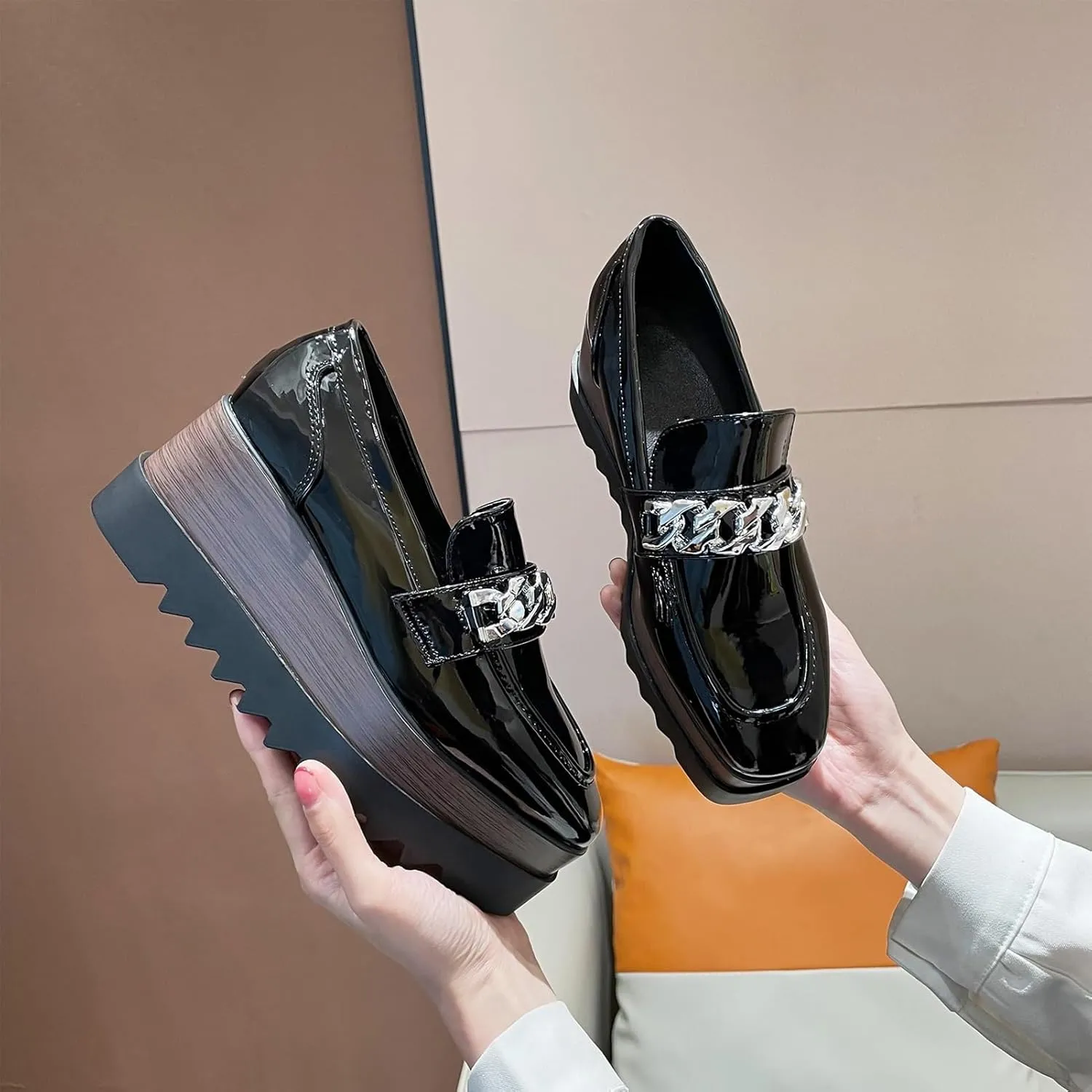 Womens British Style Oxford Shoes Chunky Heels Slip On Platform Cute Dress Wedge Loafers Shoes Casual Flat Sneakers