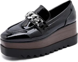Womens British Style Oxford Shoes Chunky Heels Slip On Platform Cute Dress Wedge Loafers Shoes Casual Flat Sneakers