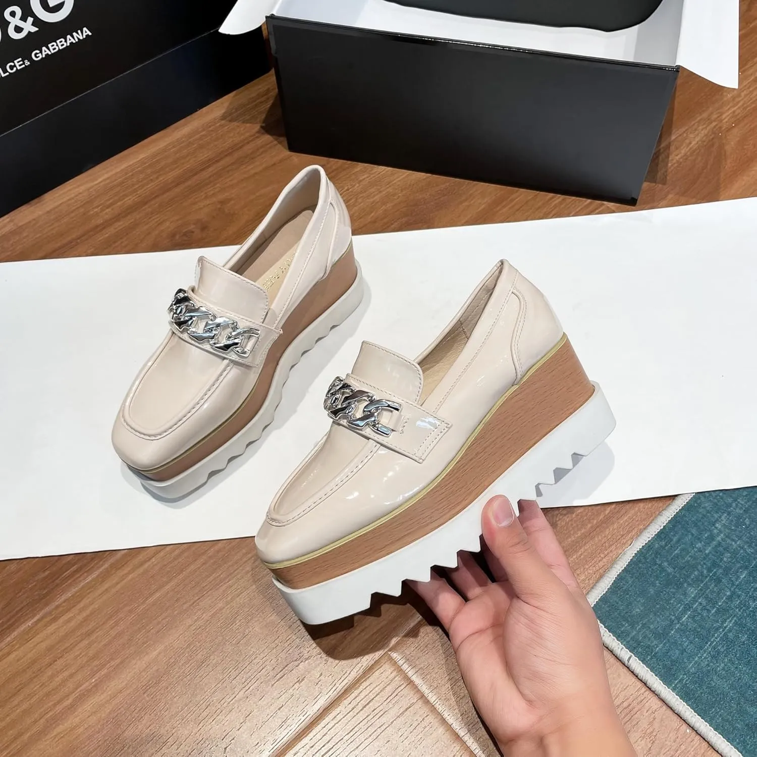 Womens British Style Oxford Shoes Chunky Heels Slip On Platform Cute Dress Wedge Loafers Shoes Casual Flat Sneakers
