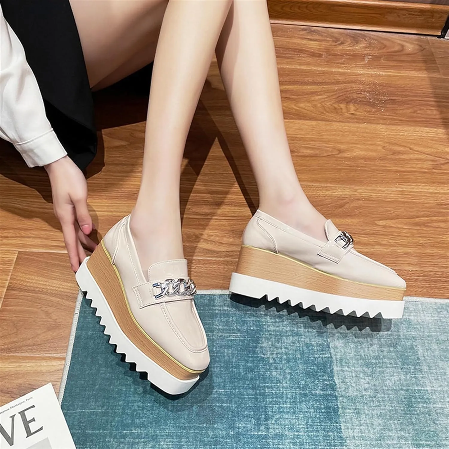 Womens British Style Oxford Shoes Chunky Heels Slip On Platform Cute Dress Wedge Loafers Shoes Casual Flat Sneakers