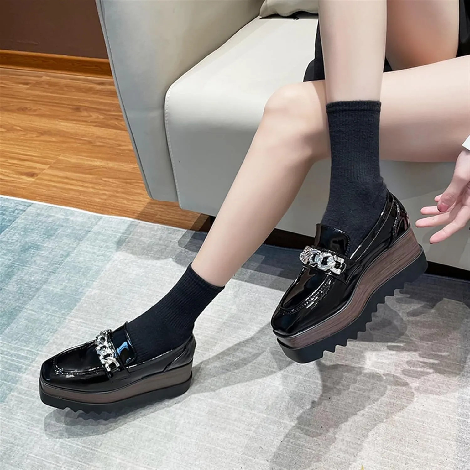 Womens British Style Oxford Shoes Chunky Heels Slip On Platform Cute Dress Wedge Loafers Shoes Casual Flat Sneakers