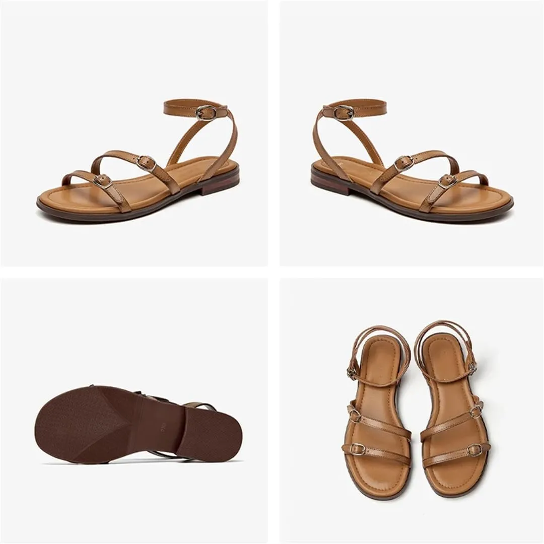 Womens Buckle Strap Ankle Strap Flat Heel Open Side Vamp Basic Sandals Split Leather Open Toe Casual Summer Sandals