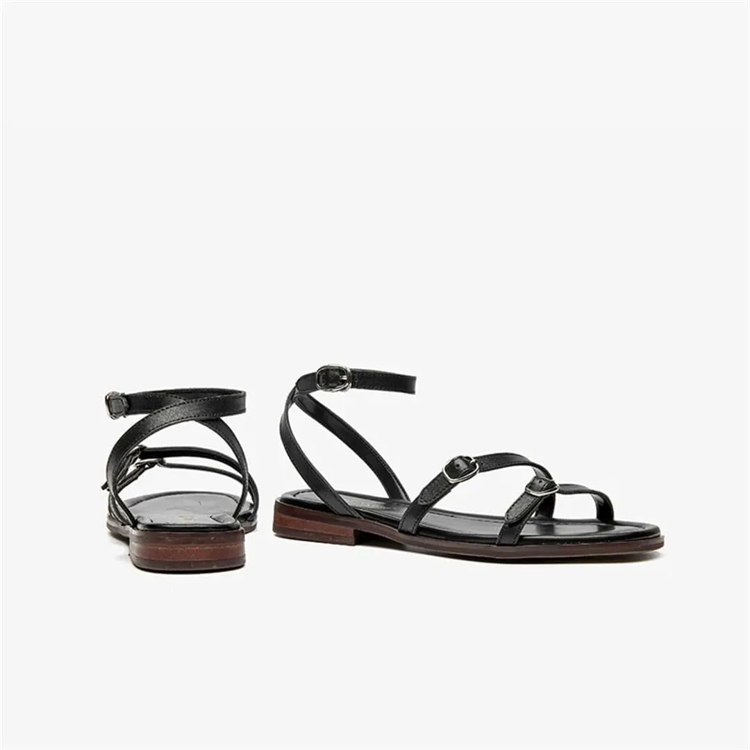 Womens Buckle Strap Ankle Strap Flat Heel Open Side Vamp Basic Sandals Split Leather Open Toe Casual Summer Sandals