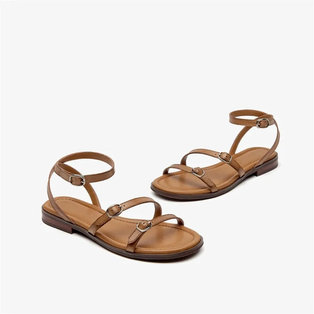 Womens Buckle Strap Ankle Strap Flat Heel Open Side Vamp Basic Sandals Split Leather Open Toe Casual Summer Sandals