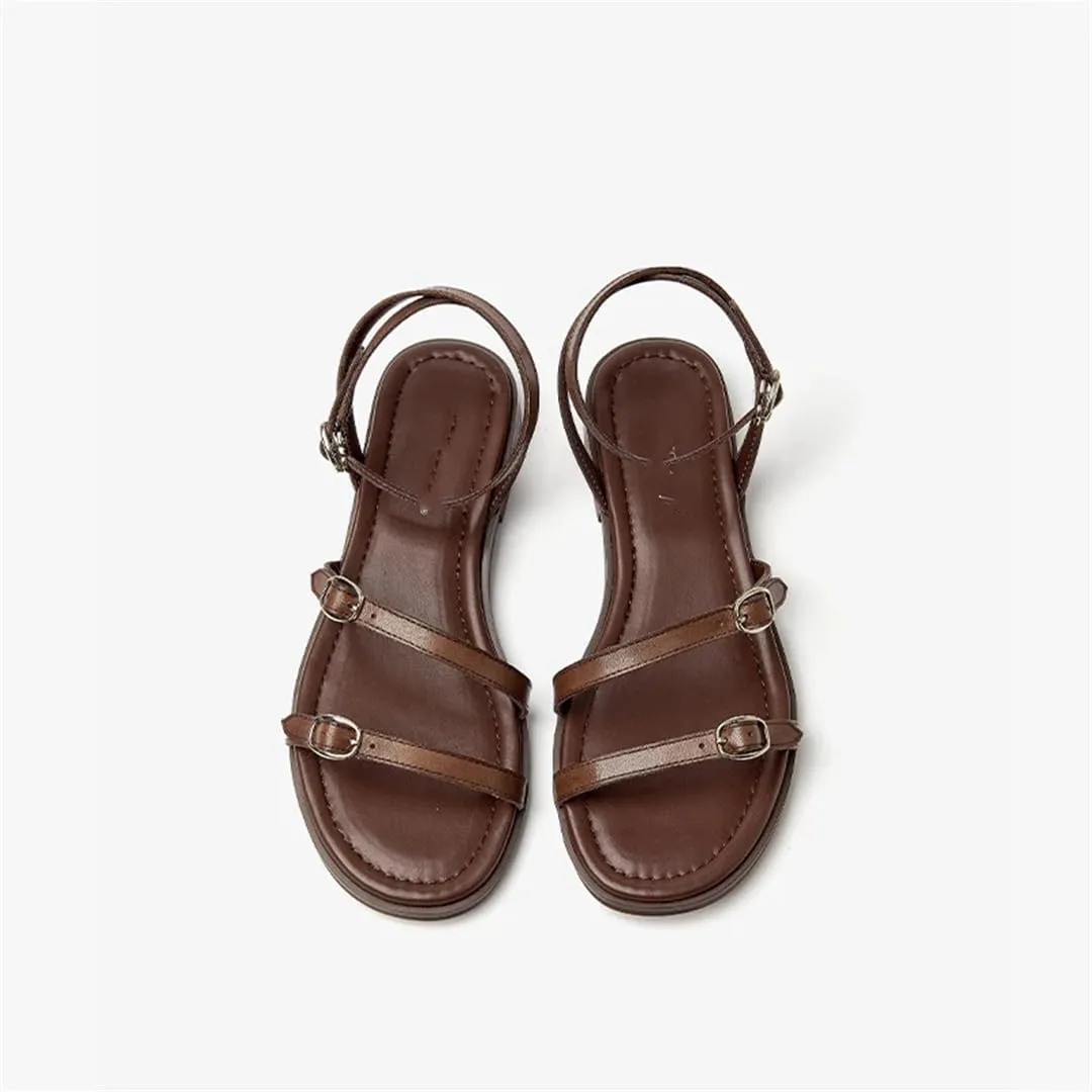 Womens Buckle Strap Ankle Strap Flat Heel Open Side Vamp Basic Sandals Split Leather Open Toe Casual Summer Sandals
