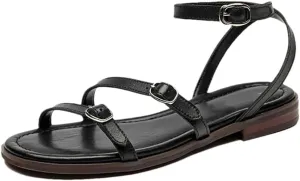 Womens Buckle Strap Ankle Strap Flat Heel Open Side Vamp Basic Sandals Split Leather Open Toe Casual Summer Sandals
