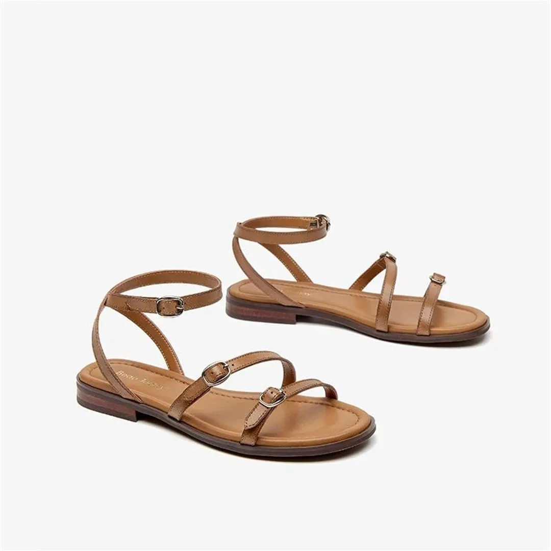Womens Buckle Strap Ankle Strap Flat Heel Open Side Vamp Basic Sandals Split Leather Open Toe Casual Summer Sandals