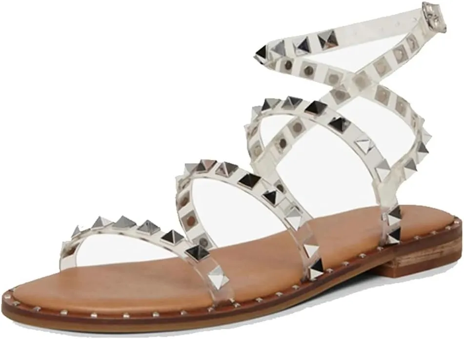 Womens Buckle Strap Front Rear Strap Flat Heel Open Side Vamp Basic Sandals PU Upper Rivet Detail Lightweight Summer Sandals