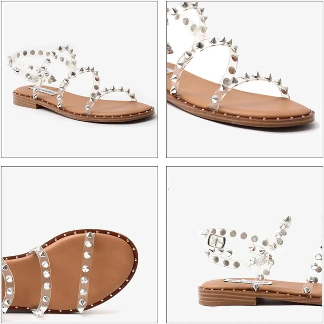 Womens Buckle Strap Front Rear Strap Flat Heel Open Side Vamp Basic Sandals PU Upper Rivet Detail Lightweight Summer Sandals