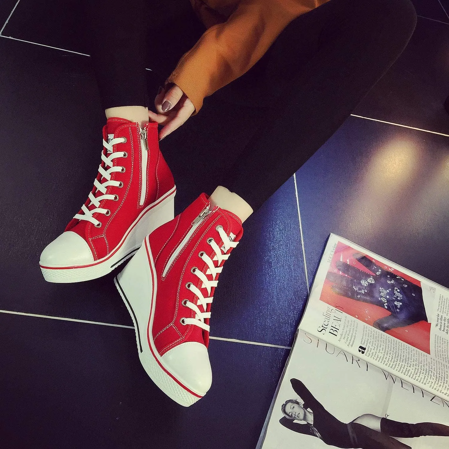 Women's Canvas High-Heeled Shoes Fashion Sneakers Casual Shoes for Walking Platform Wedges Pump Shoes