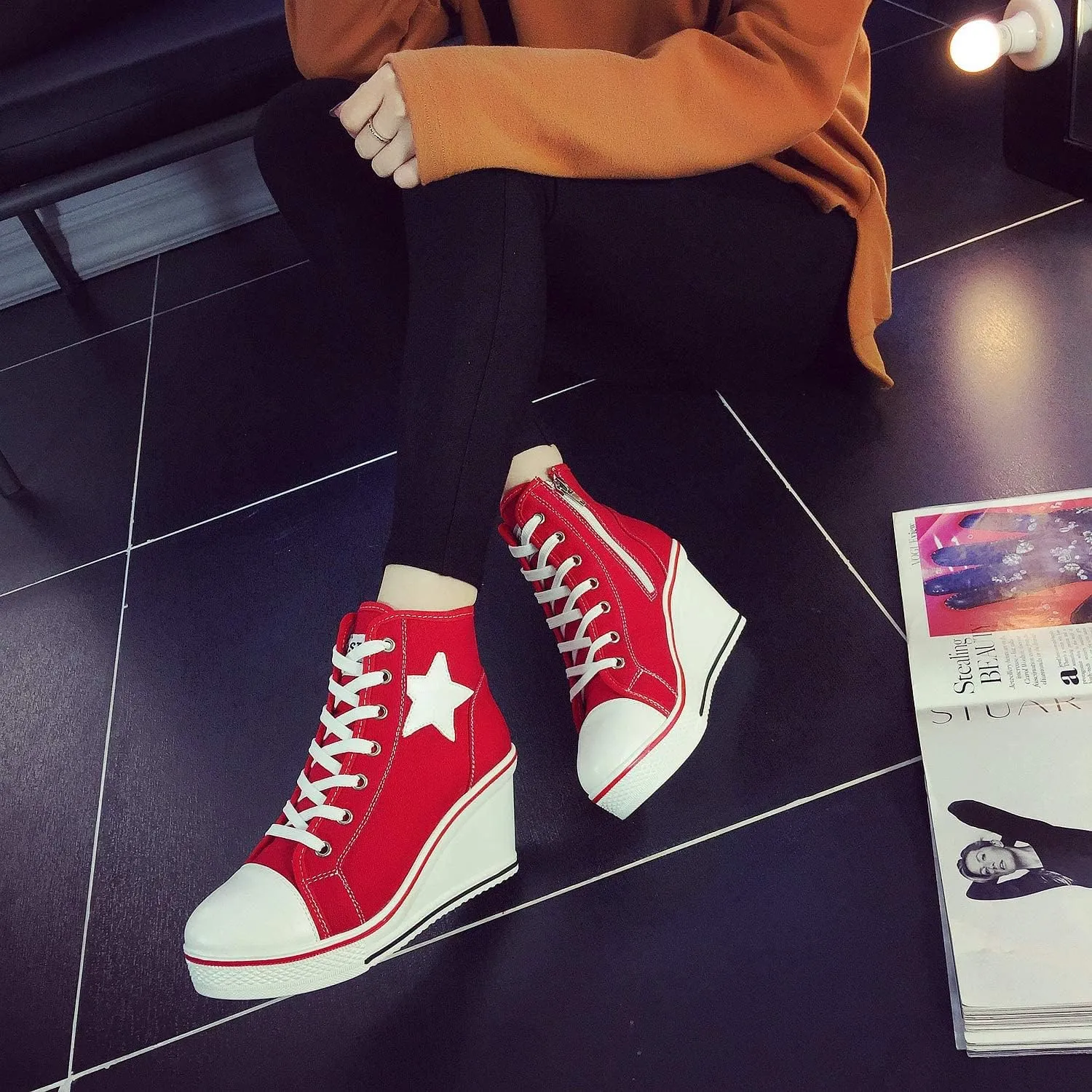 Women's Canvas High-Heeled Shoes Fashion Sneakers Casual Shoes for Walking Platform Wedges Pump Shoes