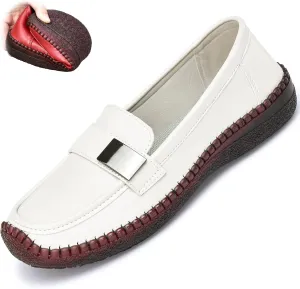 Women's Classic Leather Flat Slip-on Loafers Fashion Round Toe Soft Bottom Moccasins Flats Comfort Breathable Handmade Penny Walk Shoes