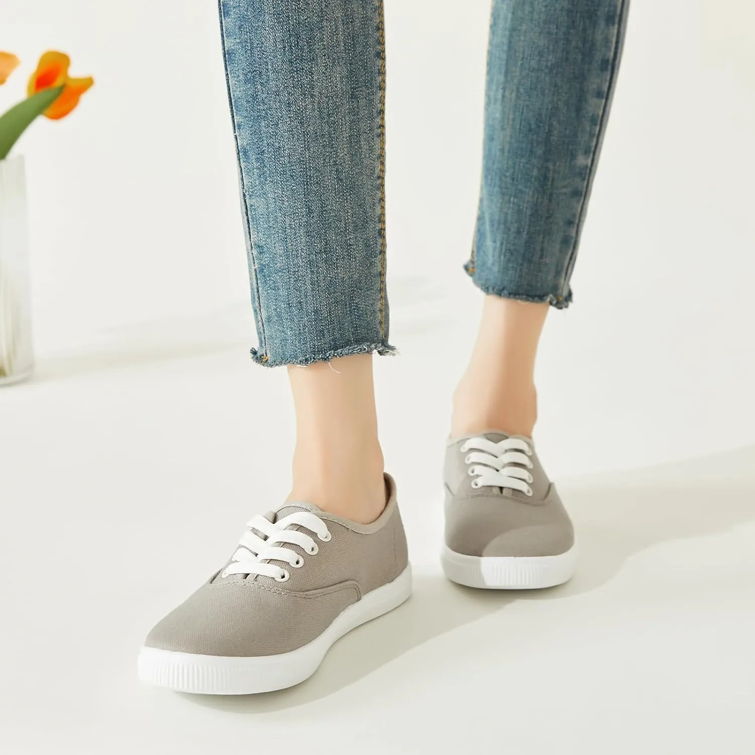 Womens Classic White Sneakers,Low Top White Canvas Shoes,Lightweight Casual Canvas Sneakers