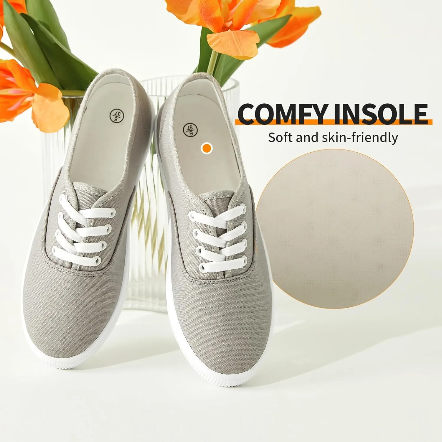 Womens Classic White Sneakers,Low Top White Canvas Shoes,Lightweight Casual Canvas Sneakers
