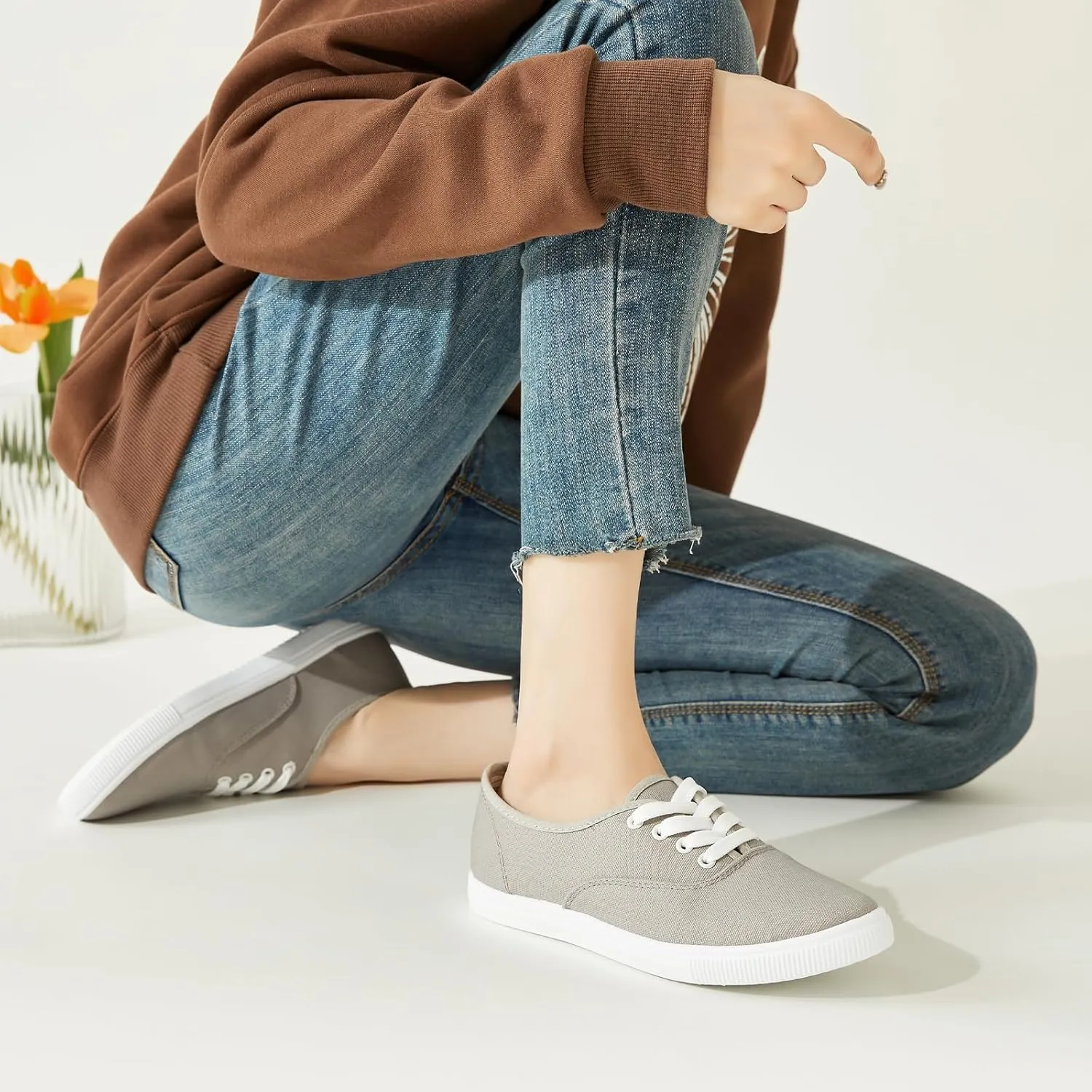 Womens Classic White Sneakers,Low Top White Canvas Shoes,Lightweight Casual Canvas Sneakers