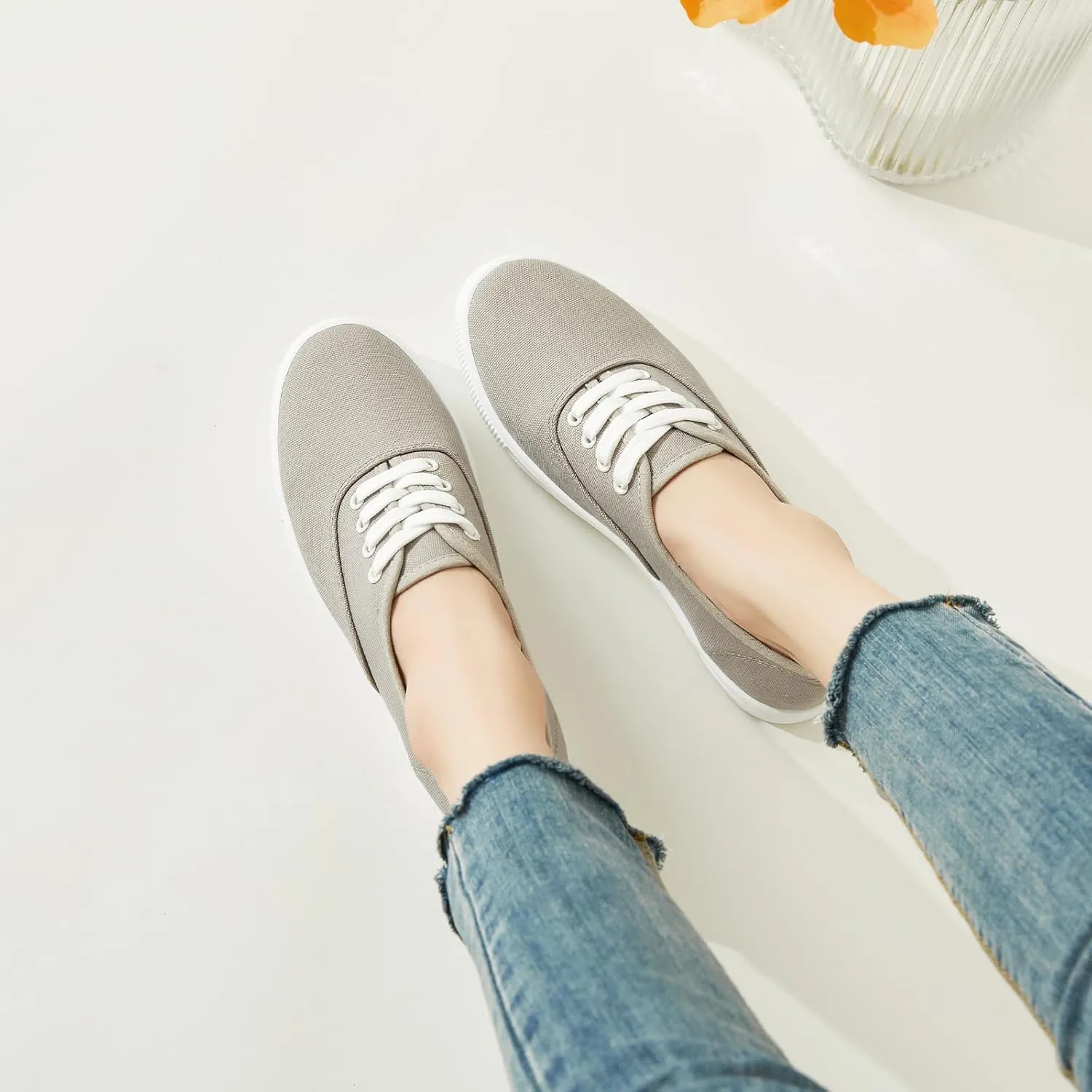 Womens Classic White Sneakers,Low Top White Canvas Shoes,Lightweight Casual Canvas Sneakers